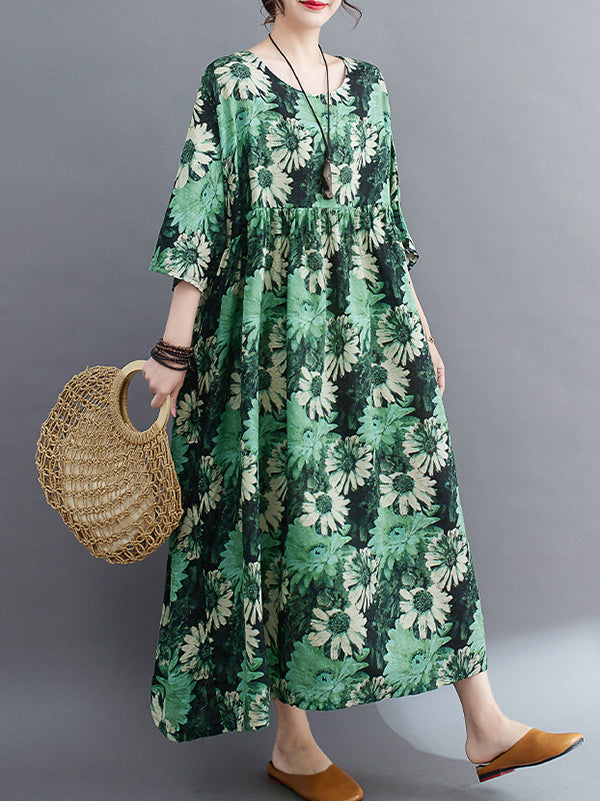 Loose Raglan Sleeve Floral Printed Pleated Split-Joint Round-Neck Midi Dresses