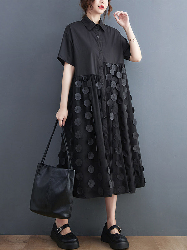 Original Casual Loose Polka-Dot Split-Joint Midi Shirt Dress