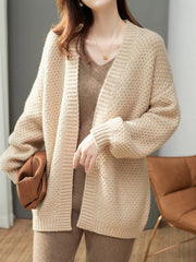 Long Sleeves Loose Solid Color Collarless Cardigan Tops