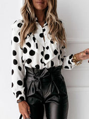 Long Sleeves Loose Pleated Polka-Dot Split-Joint Stand Collar Blouses