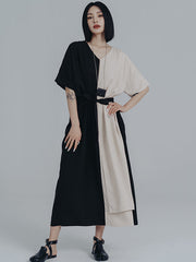 Urban Loose Contrast Color Split-Joint Reversible Midi Dress