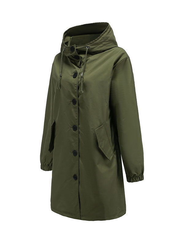 Long Sleeves Loose Buttoned Drawstring Elasticity Hooded Pockets Split-Back Waterproof High-Neck Trench Coats