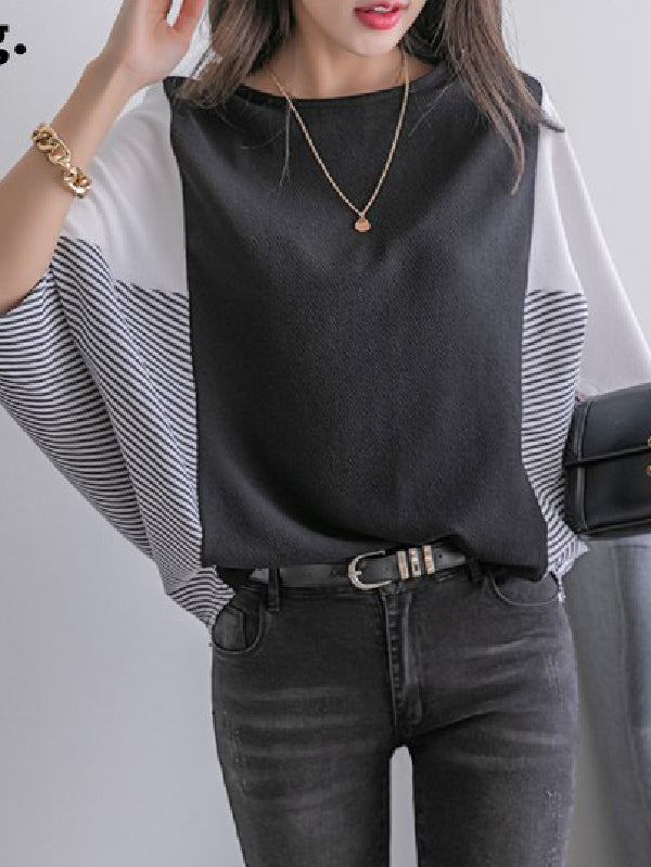 Batwing Sleeves Loose Contrast Color Split-Joint Round-Neck T-Shirts Tops