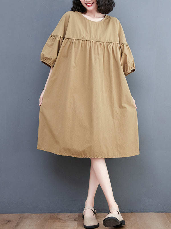 Loose Short Sleeves Solid Color Round-Neck Midi Dresses