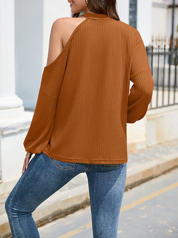 Loose Hollow Solid Color One-Shoulder Shirts