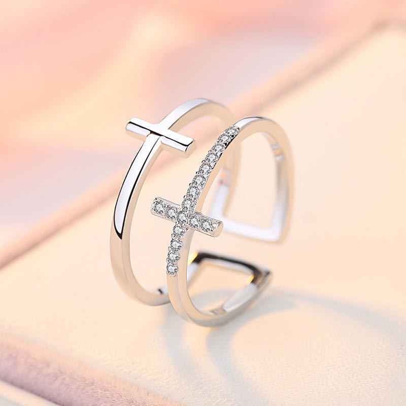 Dual Cross Zircon Ring - Minimalist Copper Band