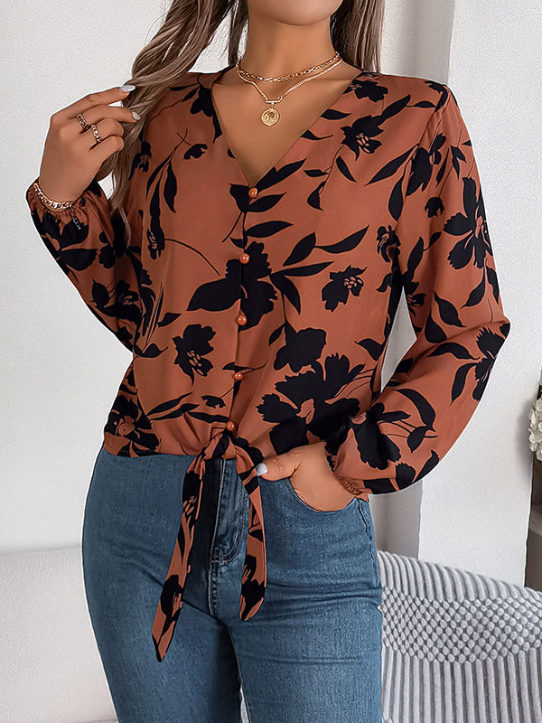 Long Sleeves Loose Buttoned Elasticity Flower Print Tied V-Neck Blouses&Shirts Tops