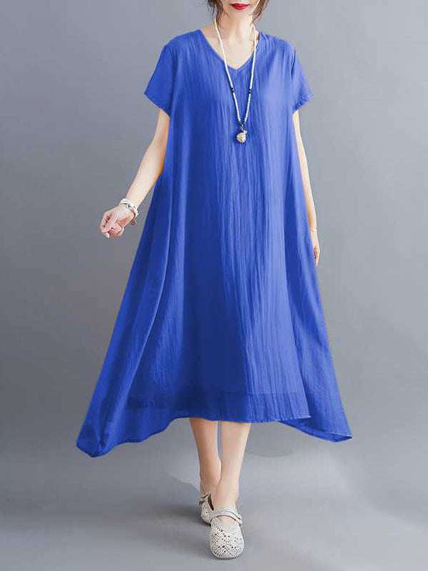 A-Line Loose Solid Color V-Neck Midi Dresses