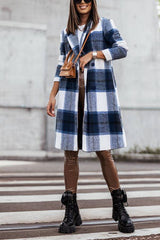 Women's Mid Length Double Breasted Plaid Print Woolen Coat