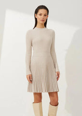 Elegant Ribbed Pleated Knit Dress - Half Turtleneck Long Sleeve