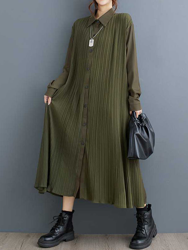 A-Line Long Sleeves Buttoned Pleated Pockets Split-Joint Lapel Midi Dresses Shirt Dress