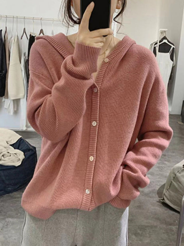 Simple Loose Long Sleeves Buttoned Solid Color Hooded Sweater Cardigan Coats