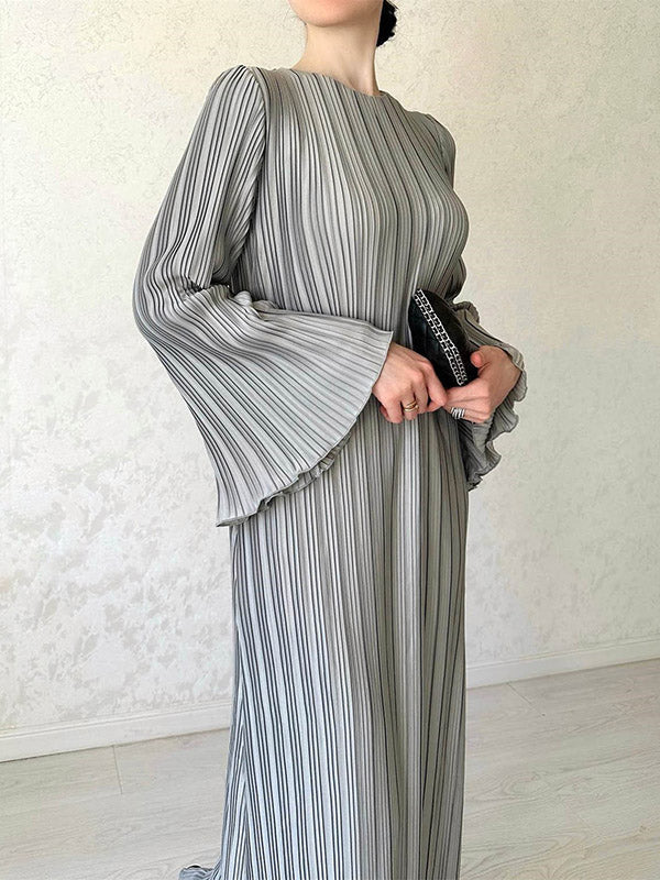 Flared Sleeves Long Sleeves Pleated Solid Color Round-Neck Maxi Dresses