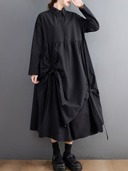 A-Line Long Sleeves Buttoned Pleated Pockets Solid Color Tied Lapel Midi Dresses Shirt Dress