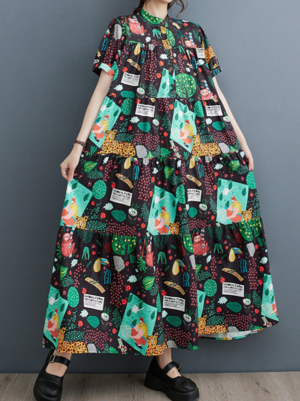 Loose Short Sleeves Buttoned Printed Split-Joint Stand Collar Midi Dresses