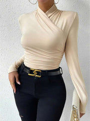 Long Sleeves Skinny Pleated Solid Color Mock Neck T-Shirts Tops