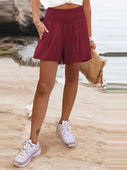 High Waisted Loose Elasticity Pleated Pockets Solid Color Split-Joint Shorts Bottoms