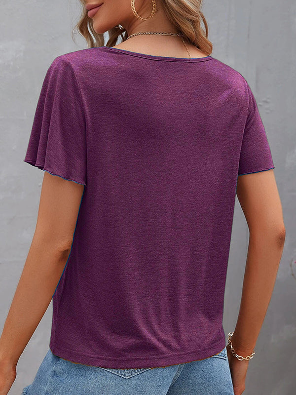 Loose Plus Size Hollow Solid Color Split-Joint V-Neck T-Shirts Tops