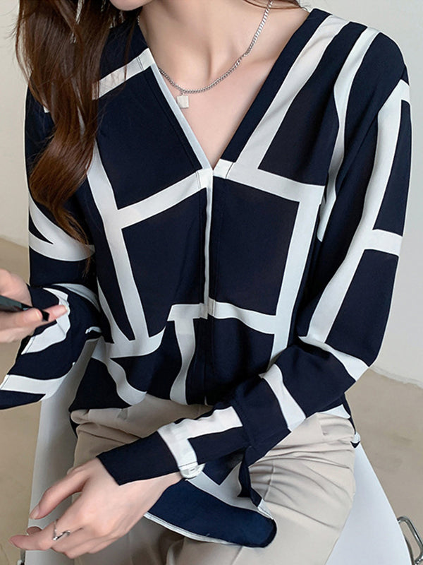 Flared Sleeves Long Sleeves Printed V-Neck Blouses&Shirts Tops