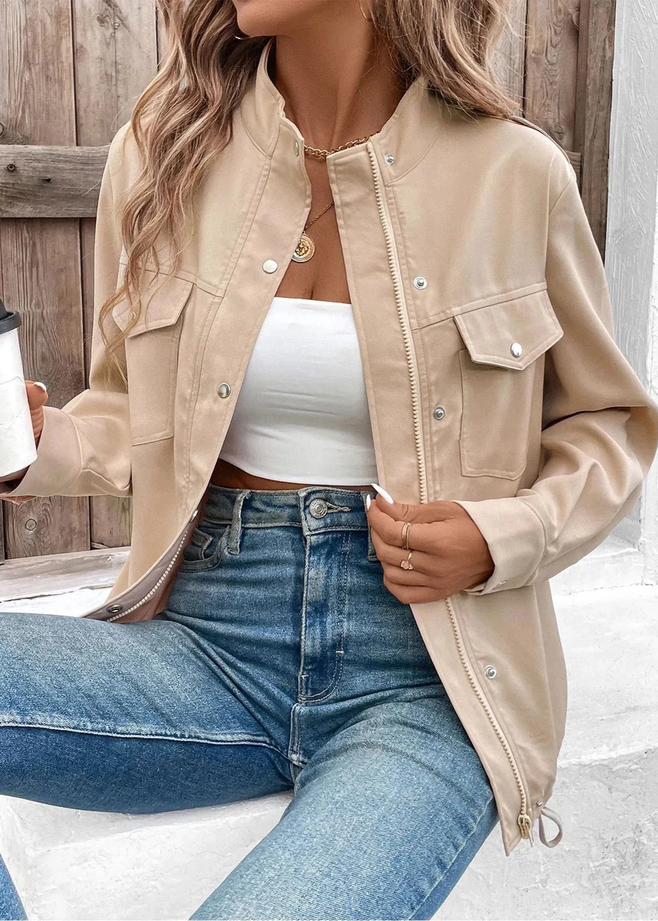 Classic Beige Military-Inspired Jacket for Women