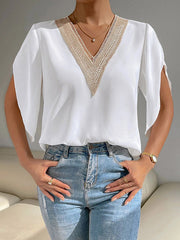 Half Sleeves Loose Hollow Split-Joint V-Neck Blouses&Shirts Tops