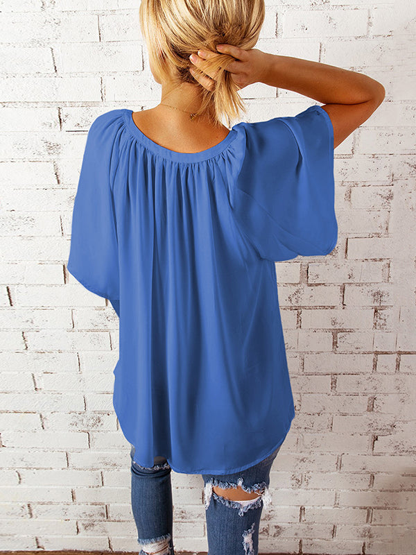 Simple Casual Solid Color Loose Pleated Half Sleeves T-Shirt Top