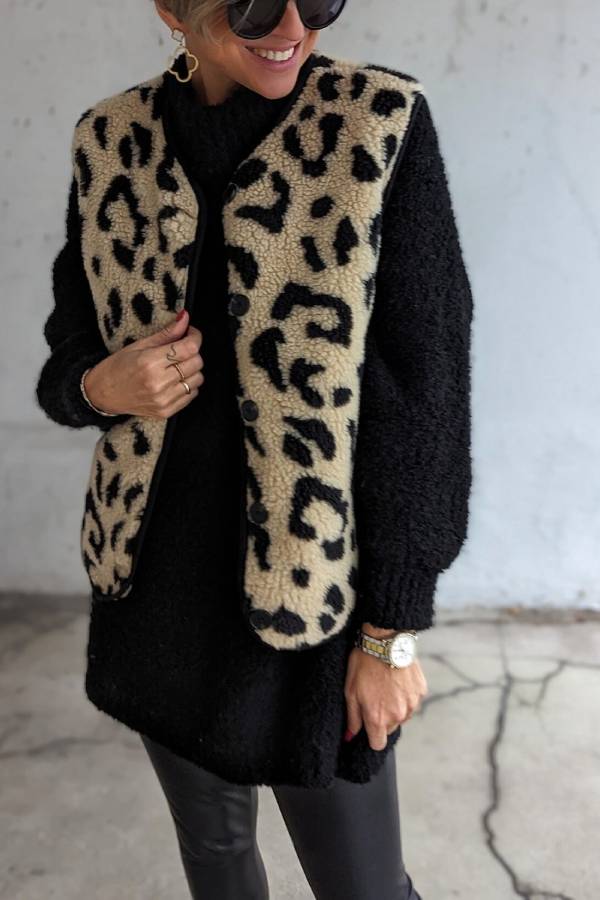 Women's Leopard Print Front Opening Casual Autumn and Winter Vest Jacket