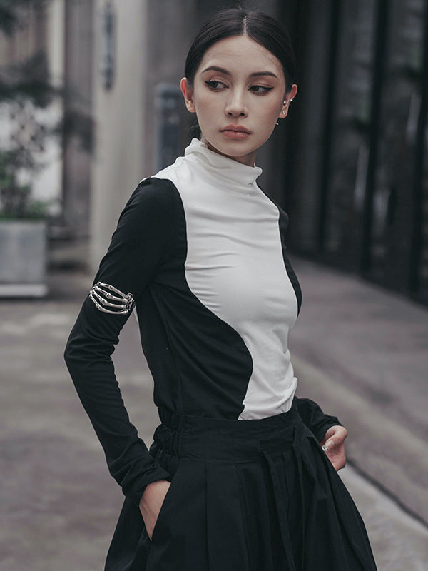 Urban Skinny Long Sleeves Contrast Color Asymmetric Split-Joint High-Neck T-Shirts Tops