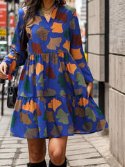 A-Line Flared Sleeves Leaves Print Pleated Split-Joint V-Neck Mini Dresses