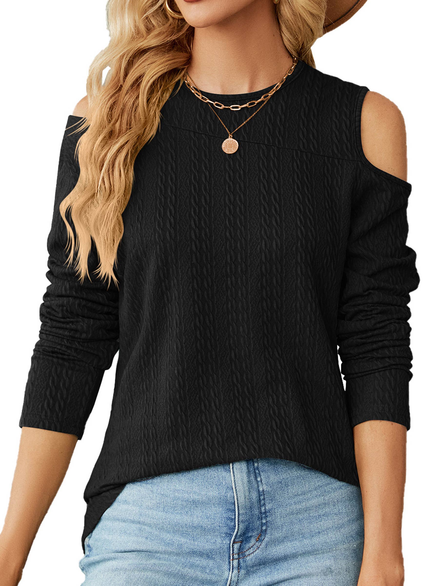 Round Neck Off Shoulder Loose Fitting Long Sleeved Tops