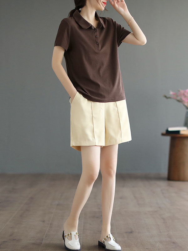 Short Sleeves Buttoned Solid Color Polo T-Shirts Tops