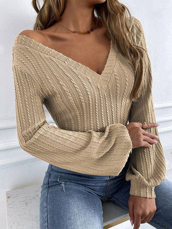 Long Sleeves Puff Sleeves Solid Color V-Neck T-Shirts Tops