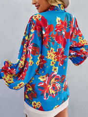 Long Sleeves Loose Buttoned Elasticity Flower Print Lapel Blouses&Shirts Tops