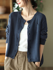 Simple Loose Long Sleeves Buttoned Solid Color Round-Neck Cardigan Tops