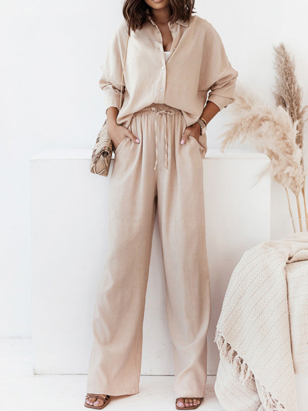 Long Sleeves Buttoned Pockets Solid Color Lapel Shirts Top + Elasticity High Waisted Pants Bottom Two Pieces Set