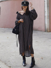 Loose Striped Lapel Split-joint Blouse Dress