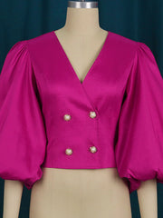 Stylish V-Neck Puff Sleeves Fuchsia Blouse