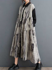 A-Line Long Sleeves Buttoned Printed Split-Joint Wash Painting Lapel Midi Dresses Shirt Dress