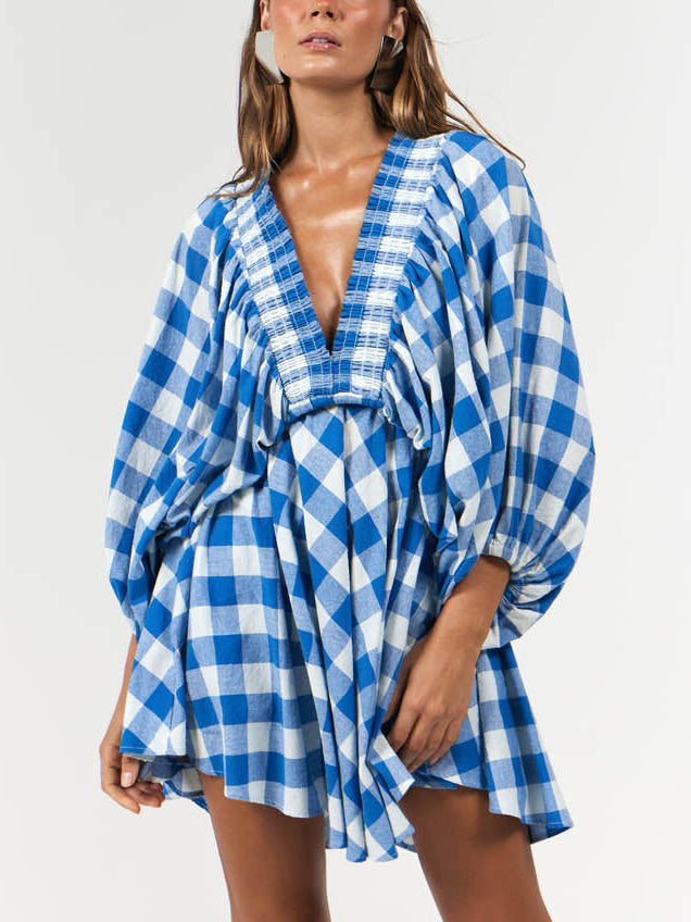 Retro Deep V-Neck Plaid Pleated Large A-Line Mini Dress