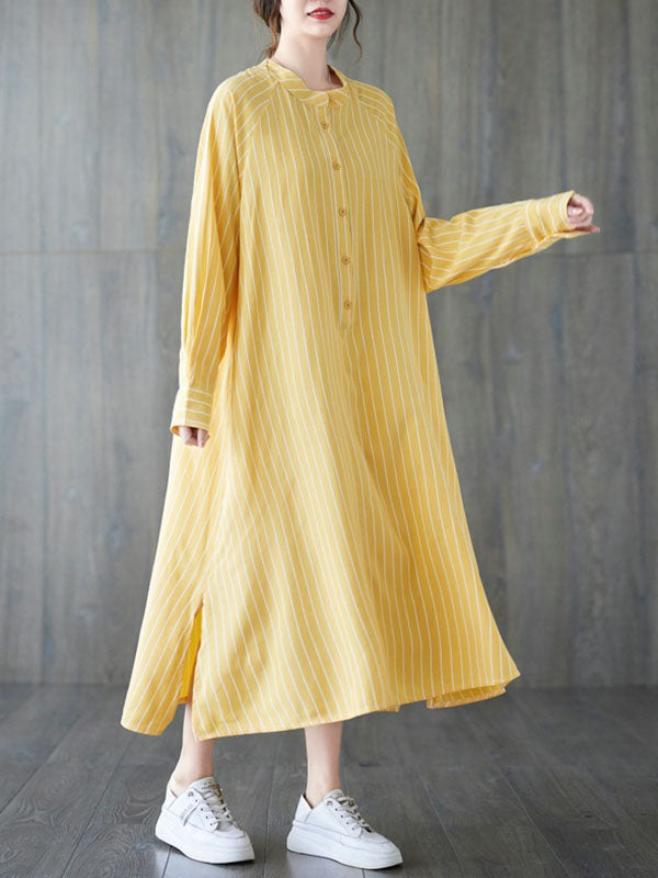 Long Sleeves Loose Buttoned Split-Side Striped Round-Neck Midi Dresses Shirt Dress