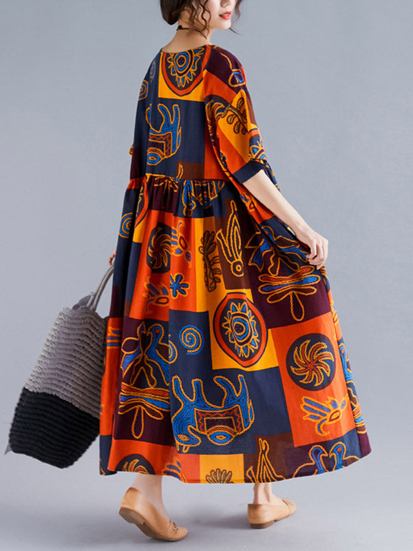 Original Printing Split-Joint Round-Neck Midi Dress