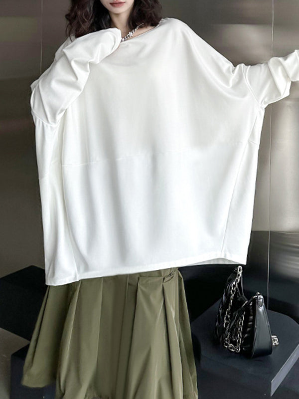 Batwing Sleeves Long Sleeves Solid Color Round-Neck T-Shirts Tops