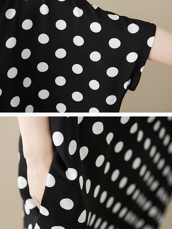 Loose Short Sleeves Polka-Dot V-Neck Midi Dresses