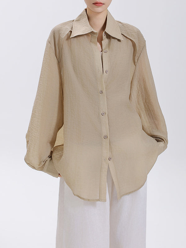 Loose Puff Sleeves See-Through Solid Color Split-Joint Sun Protection Lapel Blouses