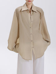 Loose Puff Sleeves See-Through Solid Color Split-Joint Sun Protection Lapel Blouses