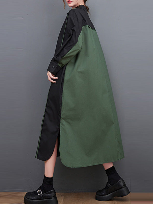 Long Sleeves Loose Asymmetric Buttoned Split-Joint Split-Side Lapel Midi Dresses Shirt Dress