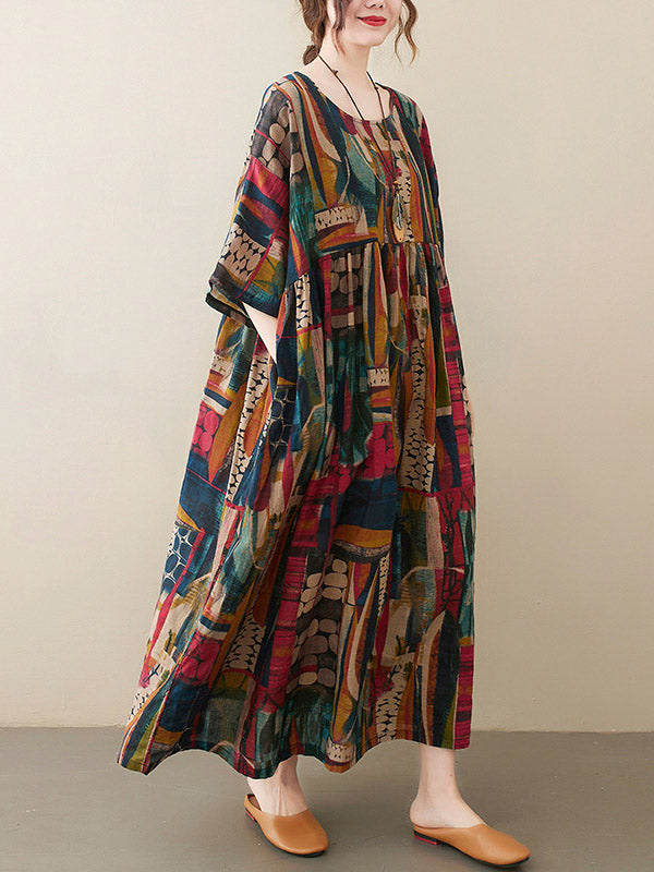 Vintage Loose Abstract Printed Pleated Round-Neck Half Sleeves Midi Dress