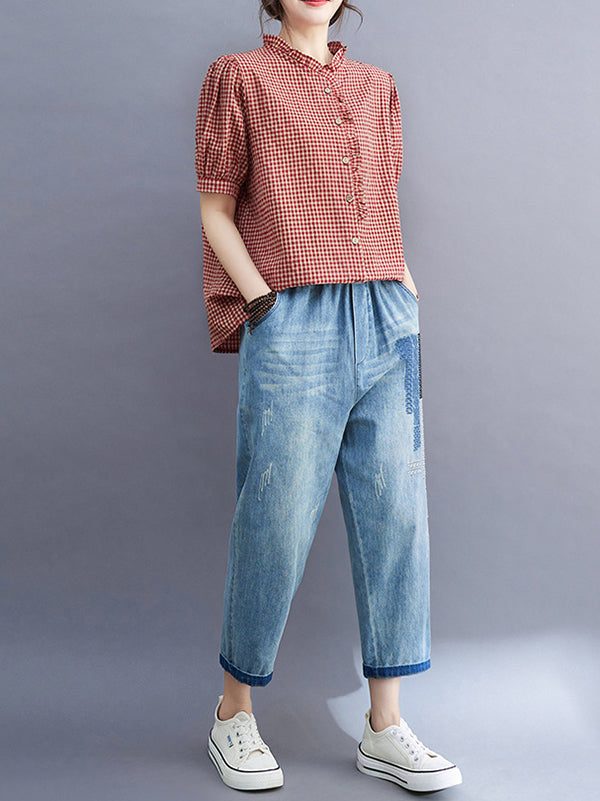 Loose Oversize Plaid Pleated Split-Joint V-Neck Blouses