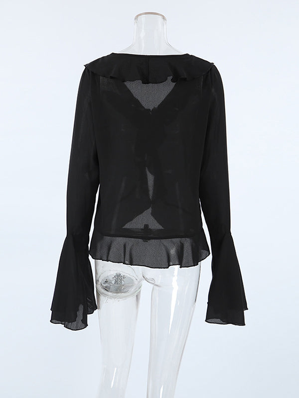 Flared Sleeves Long Sleeves Ruffled See-Through Split-Joint Lapel Blouses&Shirts Tops