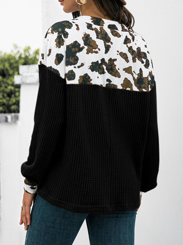 Long Sleeves Loose Buttoned Leopard Printed Split-Joint V-Neck T-Shirts Tops